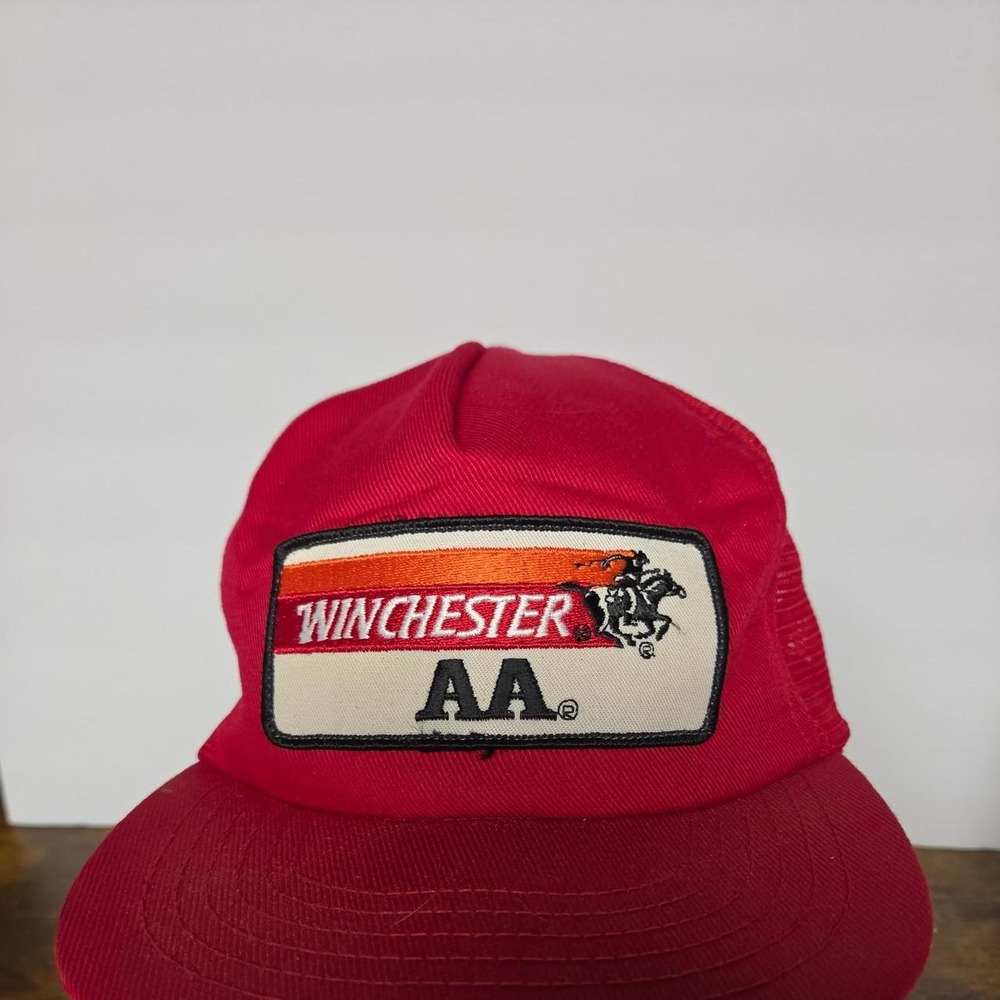 Vtg 80s Winchester AA Trucker Hat Stylemaster Red Green Brim USA Made Snapback